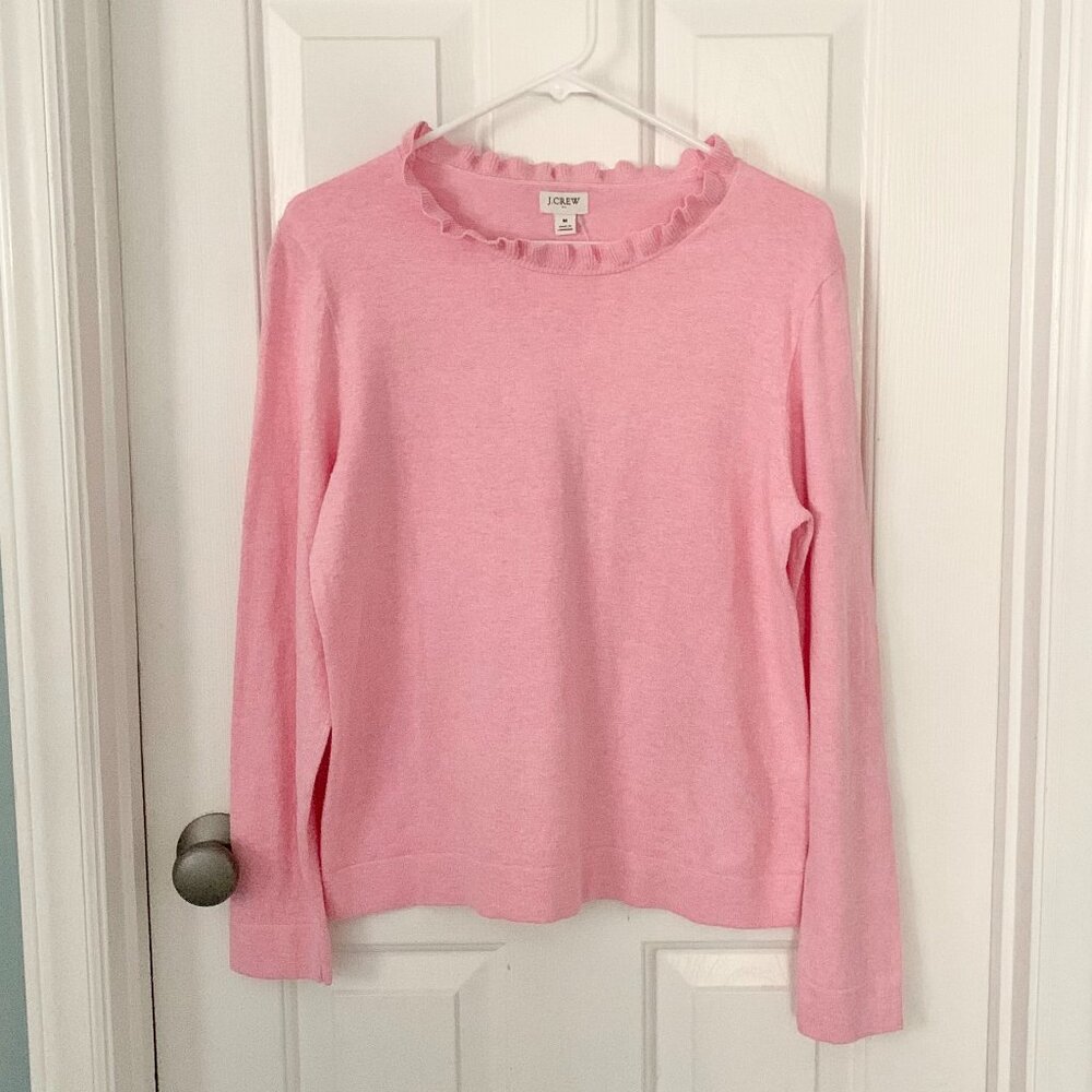 NWT J. Crew Factory Ruffle Neck Long Sleeve Cotton Sweater, Pink, Medium